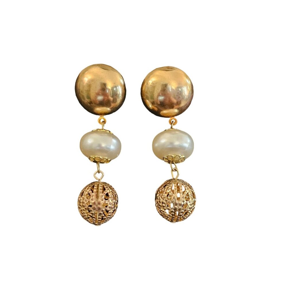 Gold Toned Filigree‎ & Costume Pearl Long Dangle Post Back Earrings 2.5" Vintage